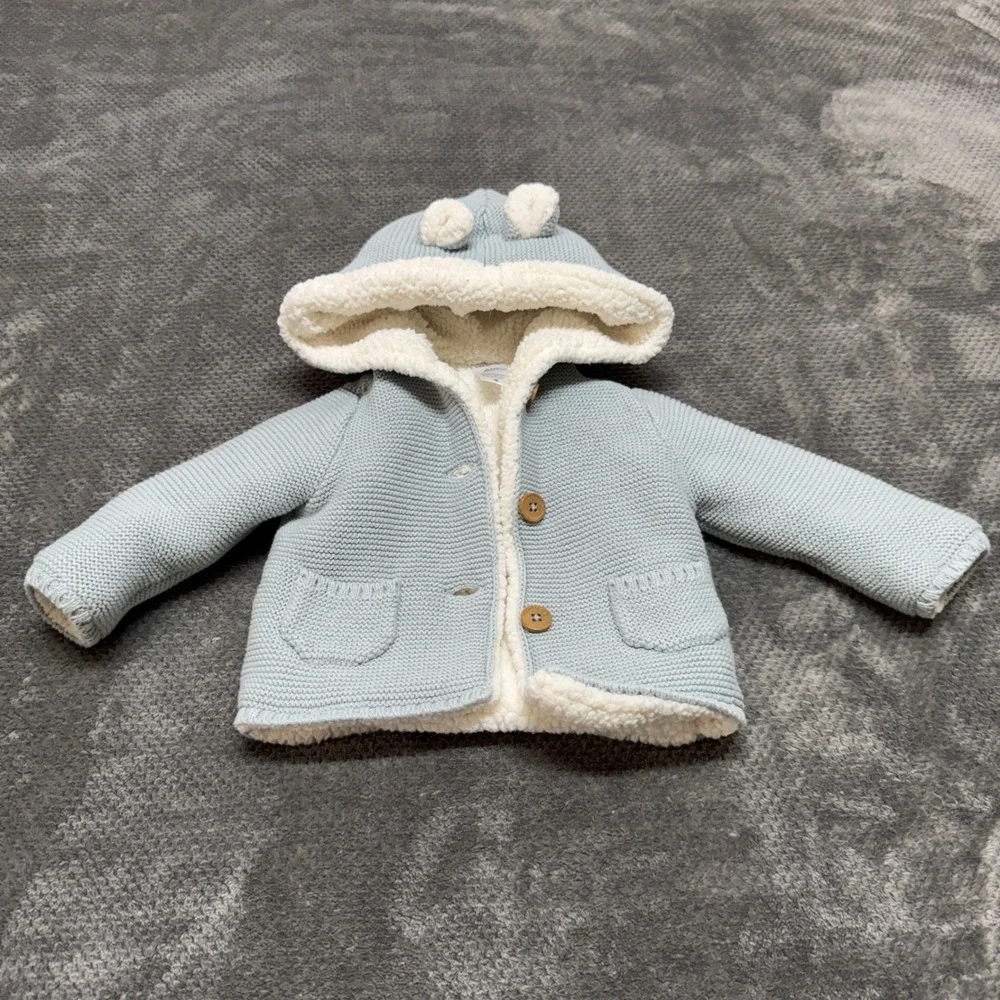 Carters Baby Boy Blue Knit Sherpa Lined Hooded Bear Ear Cardigan Sweater 6M